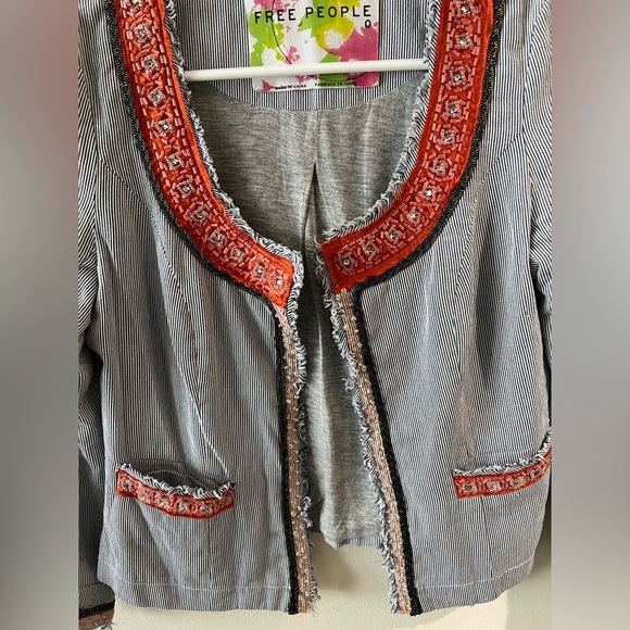 Free People Women’s Striped Beaded Fringe Blazer size 0 EUC - Picture 3 of 4